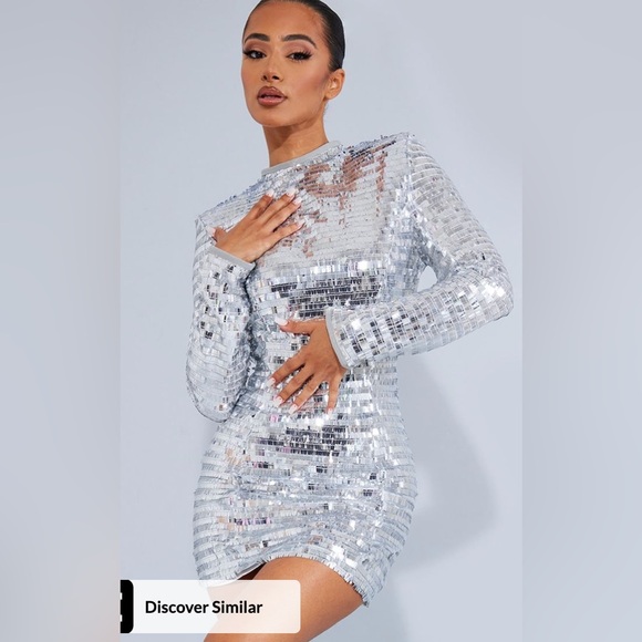 Pretty Little Thing NWT Petite Silver Sequin Shoulder Pad Micro Mini Dress - Picture 7 of 7